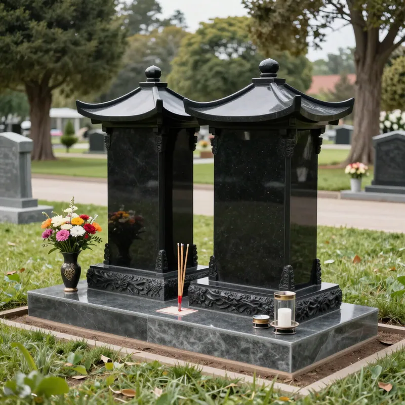 Black double pagoda-top monument with flowers
