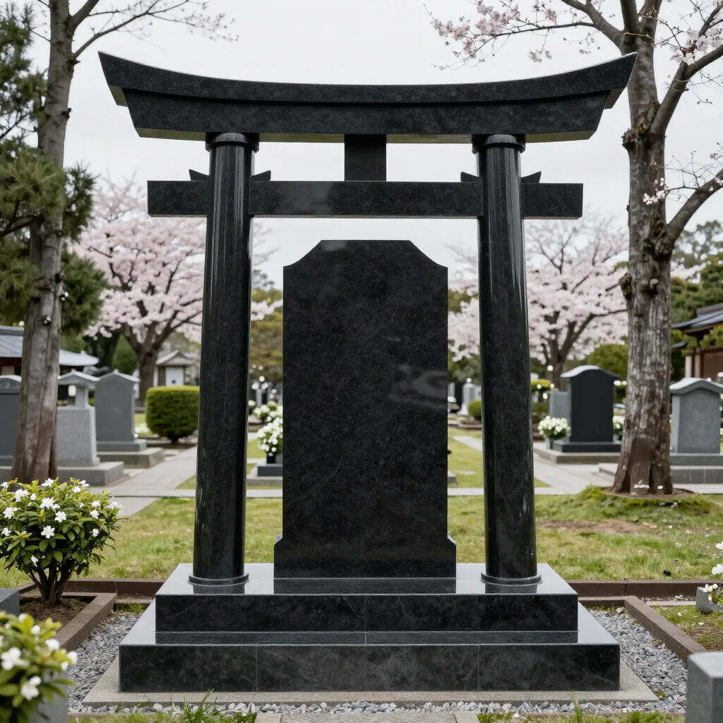 Torii-style black granite upright monument